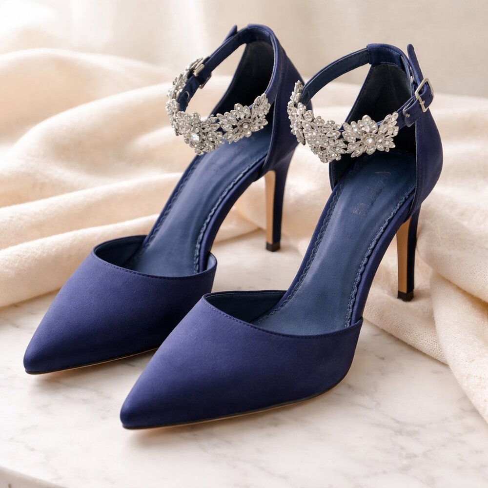 Navy Satin Crystal Ankle Strap Heels 8.5 Wedding Guest Prom Formal Rhinestone